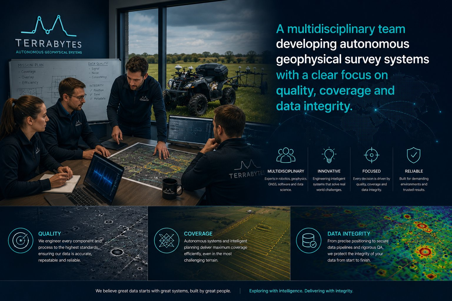 A multidisciplinary team developing autonomous geophysical survey systems with a clear focus on quality, coverage and data integrity — experts in robotics, geophysics, GNSS, software and data science.